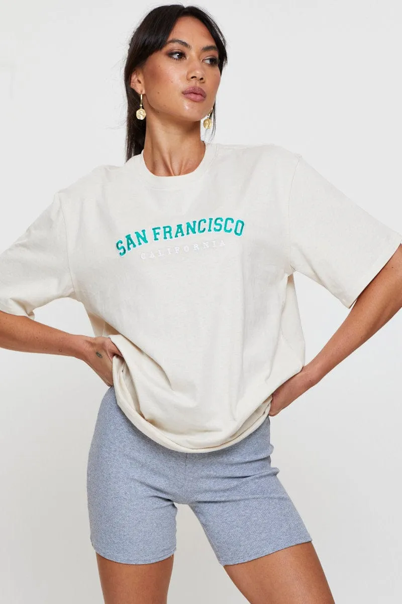 Beige Graphic T Shirt Short Sleeve Embroided sold by Ally Fashion