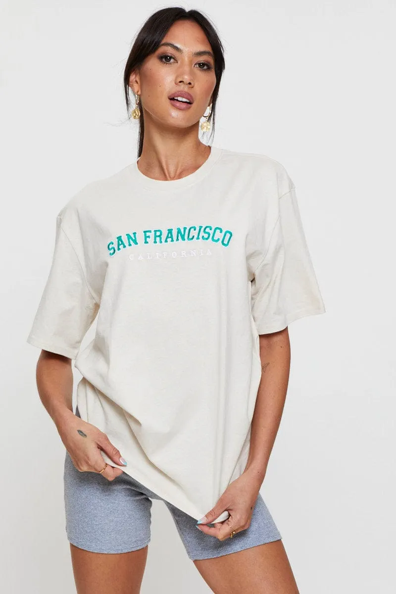 Beige Graphic T Shirt Short Sleeve Embroided sold by Ally Fashion product image thumbnail 3