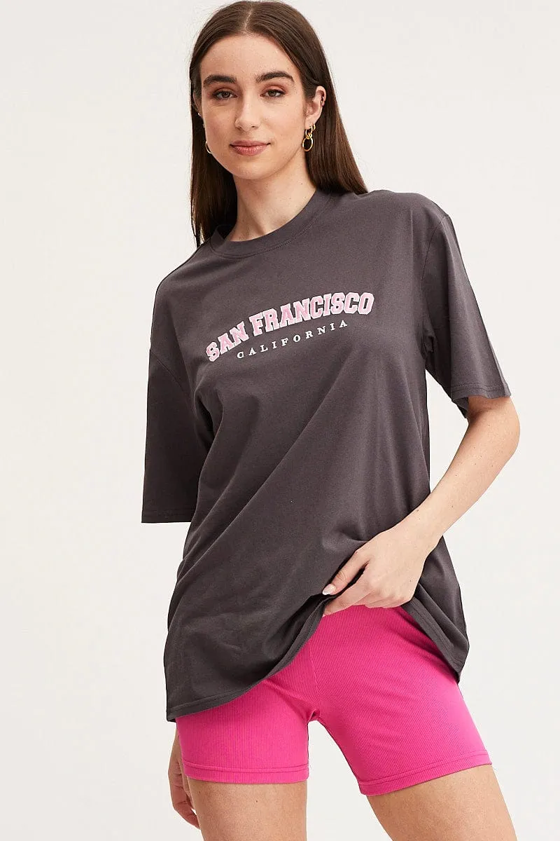 Grey Graphic T-Shirt Short Sleeve Embroided sold by Ally Fashion