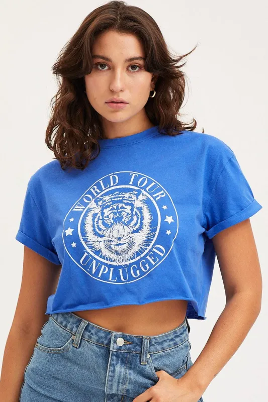 Blue Graphic T-Shirt Short Sleeve Crop made by Ally Fashion