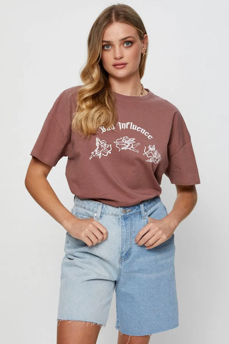 Brown Graphic T-Shirt Short Sleeve Crop sold by Ally Fashion