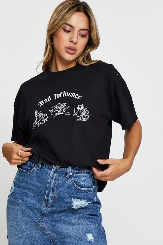 Black Graphic T Shirt Short Sleeve Crop made by Ally Fashion