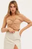 Brown Ruched Top Long Sleeve Collared sold by Ally Fashion