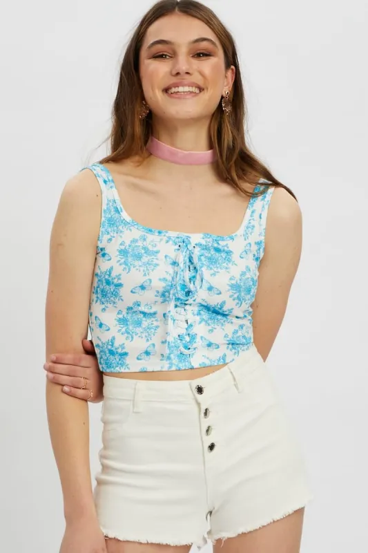 Print Scoop Neck Lace Up Top sold by Ally Fashion