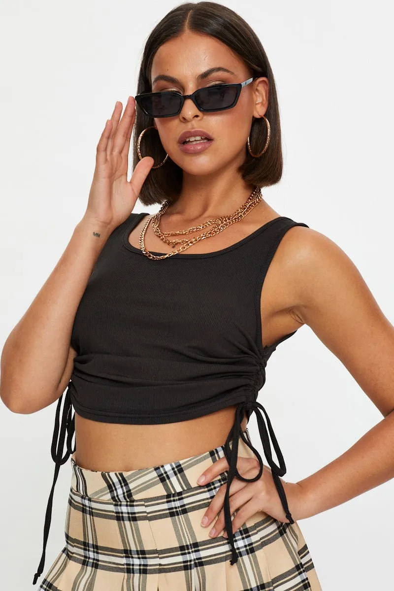 Black Ruched Drawstring Scoop Neck Top sold by Ally Fashion