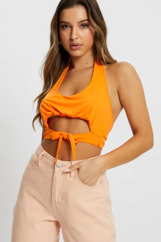Orange Tie Cut Out Halter Top sold by Ally Fashion