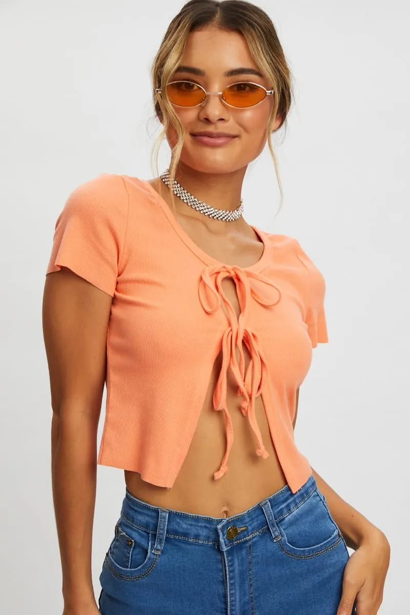 Orange Tie Front Short Sleeve Crop Top sold by Ally Fashion