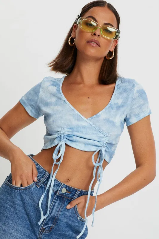 Blue Tie Dye Drawstring Ruched Top sold by Ally Fashion
