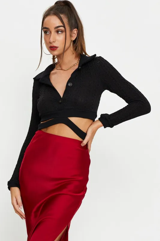 Black Button Front Polo Top sold by Ally Fashion