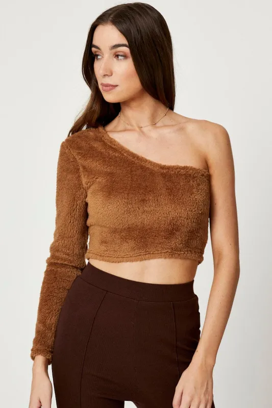 Brown One Shoulder Fluffy Knit Top sold by Ally Fashion