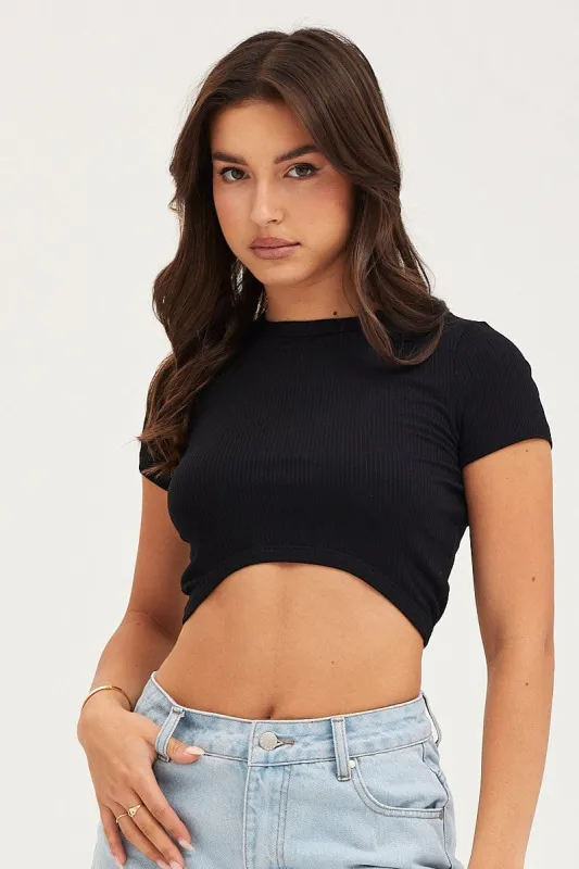 Black Curved Hem T Shirt Ribbed sold by Ally Fashion