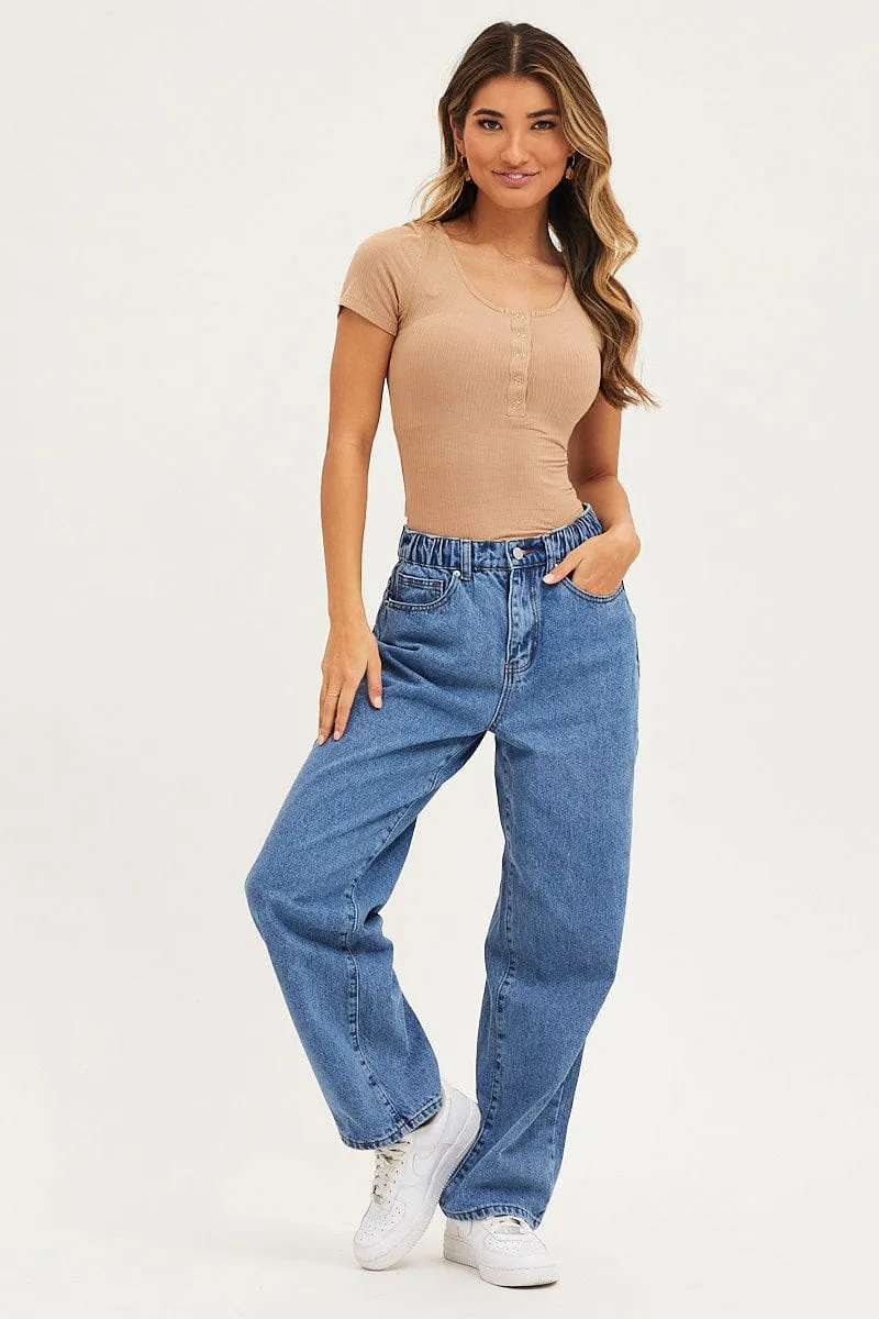 Beige Press Stud T Shirt Ribbed sold by Ally Fashion product image thumbnail 2