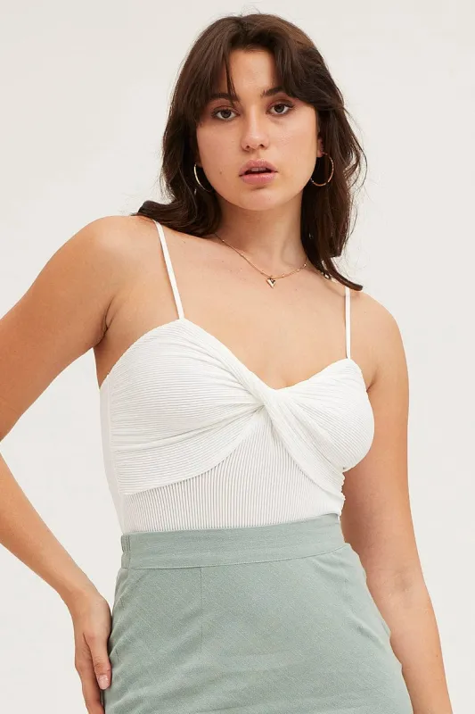 White Ribbed Twist Front Bodysuit sold by Ally Fashion