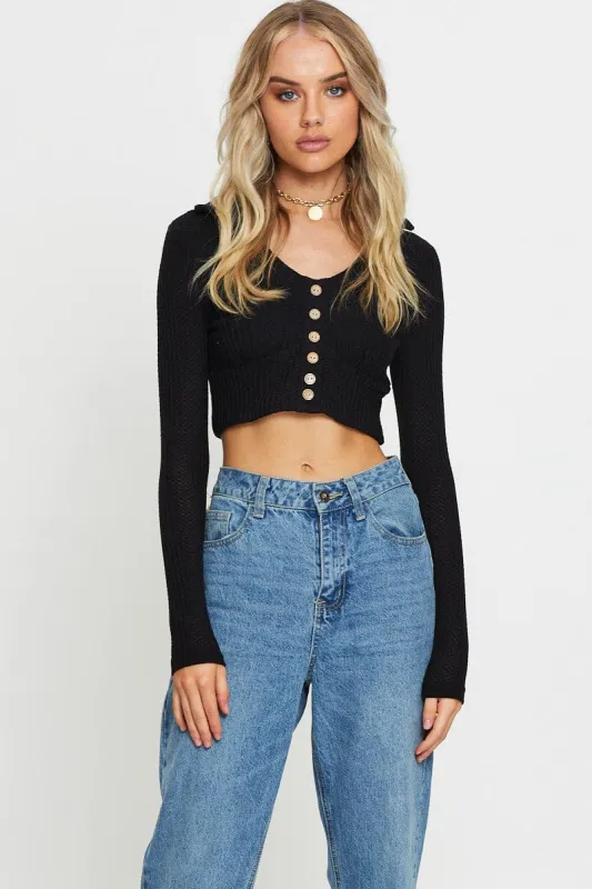 Black Crop Top Long Sleeve Collared sold by Ally Fashion