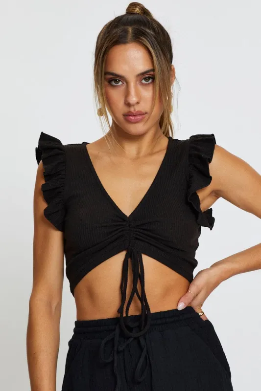Black Top Flutter Sleeve Ruche sold by Ally Fashion