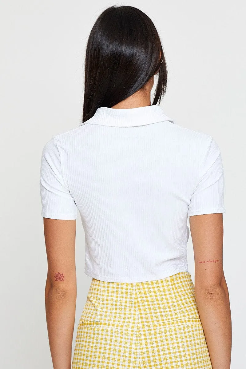 White Jersey Top Short Sleeve Collared Ruche sold by Ally Fashion product image thumbnail 5