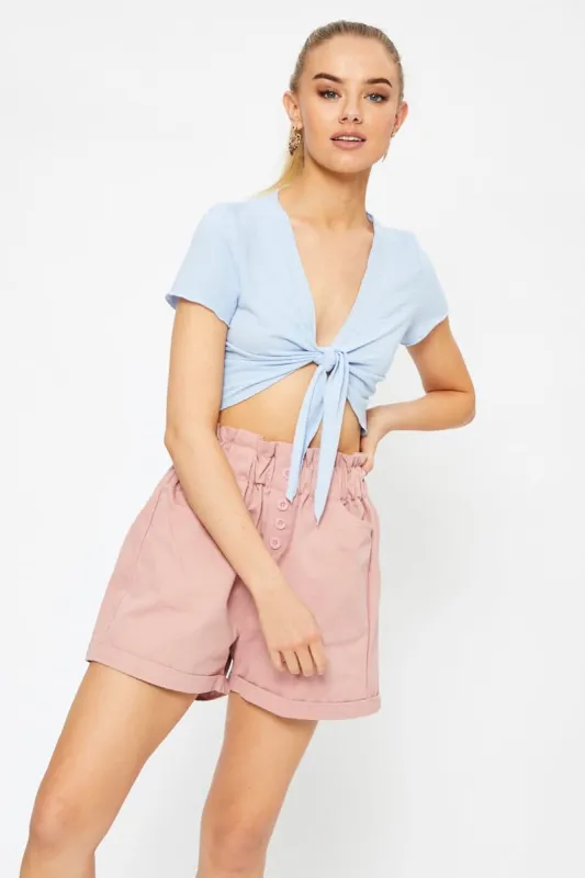 Blue Short Sleeve Textured Jersey Knot Front Crop Top sold by Ally Fashion