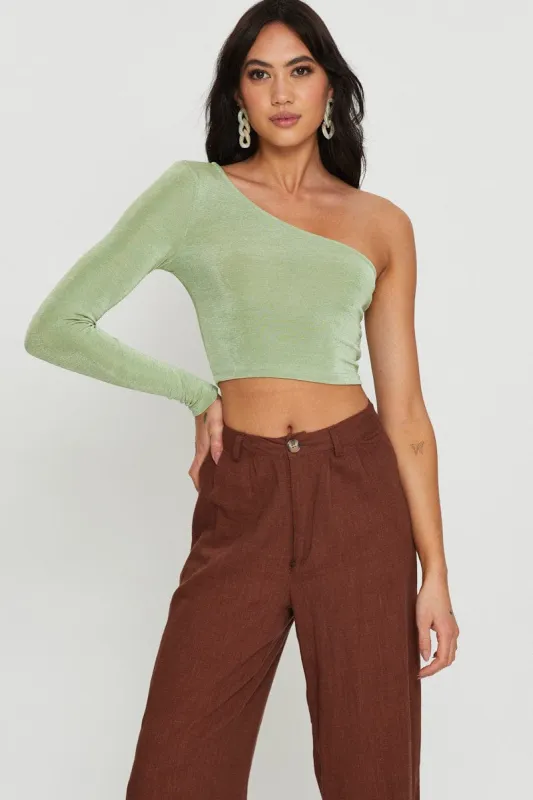 Green Slinky Top One Shoulder sold by Ally Fashion