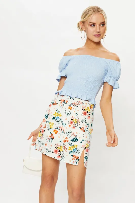 Blue Short Puff Sleeve Jersey Square Neck Shirring Milk sold by Ally Fashion