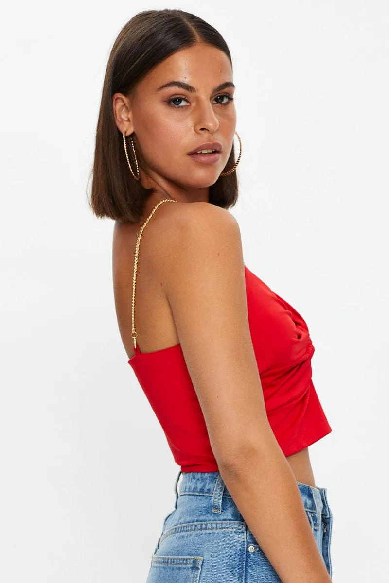 Red Chain Strap Slinky Jersey Knot Front Singlet Top sold by Ally Fashion product image thumbnail 4