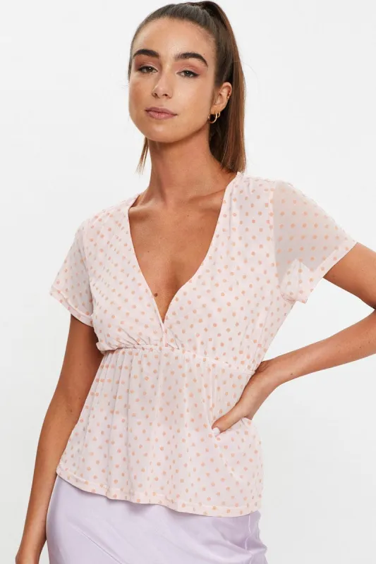 Pink Short Puff Sleeve Jersey Mesh Spot Flare Hem Top sold by Ally Fashion