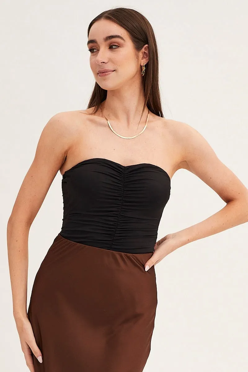 Black Ruched Front Strapless Bodysuit sold by Ally Fashion