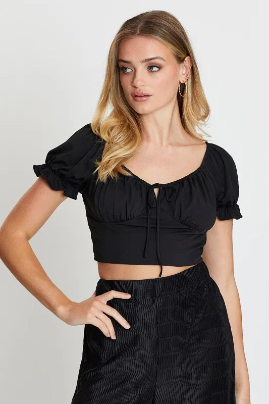 Black Jersey Top Puff Sleeve Ruche sold by Ally Fashion