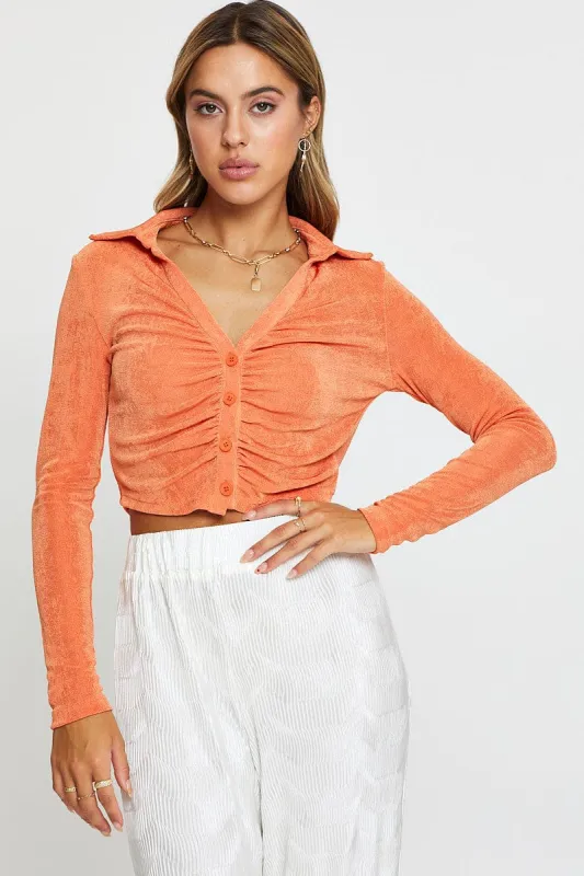 Orange Jersey Shirt Long Sleeve Ruche sold by Ally Fashion