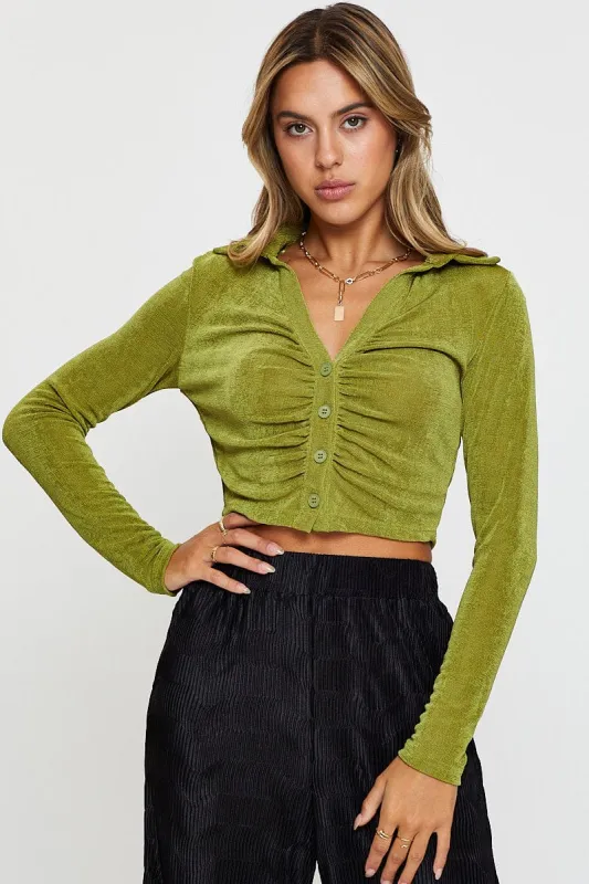 Green Jersey Shirt Long Sleeve Ruche sold by Ally Fashion