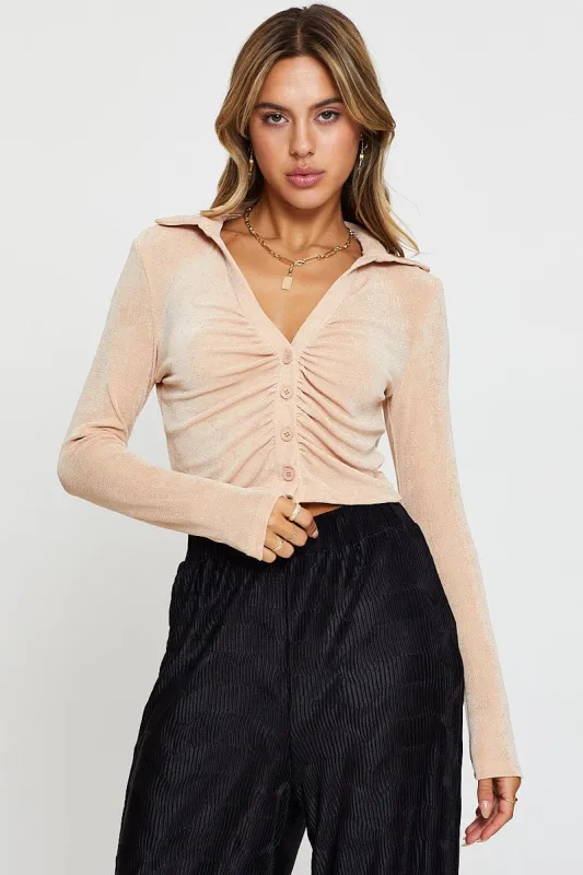 Beige Jersey Shirt Long Sleeve Ruche sold by Ally Fashion