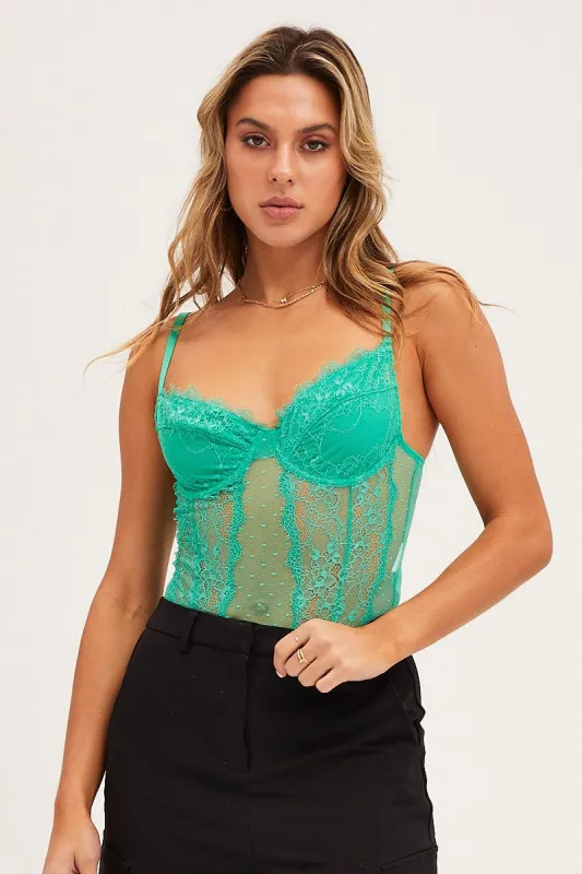 Green Bodysuit Sleeveless Sweetheart Lace sold by Ally Fashion