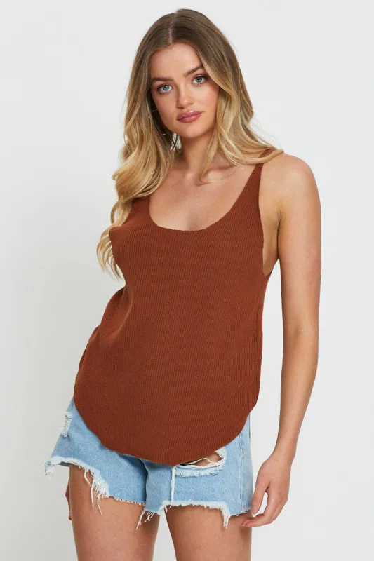 Brown Knit Top V-Neck sold by Ally Fashion