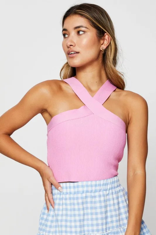 Pink Knit Top Sleeveless Halter sold by Ally Fashion