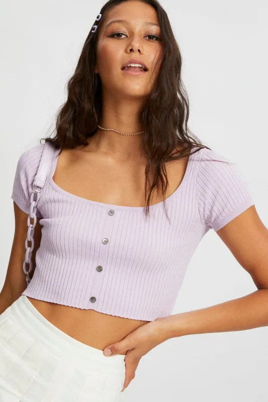 Purple Short Sleeve Rib Knit Scoop Neck Button Detail Cro sold by Ally Fashion
