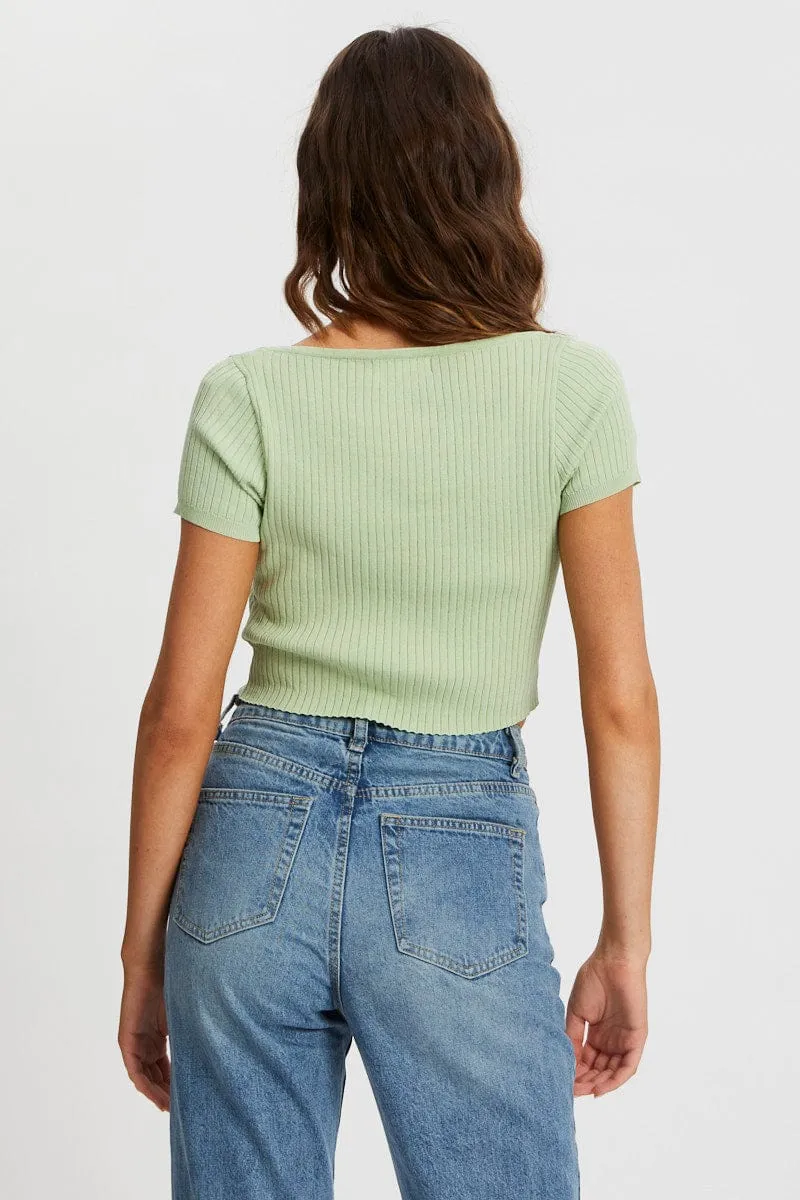 Green Short Sleeve Rib Knit Scoop Neck Button Detail Cro sold by Ally Fashion product image thumbnail 5