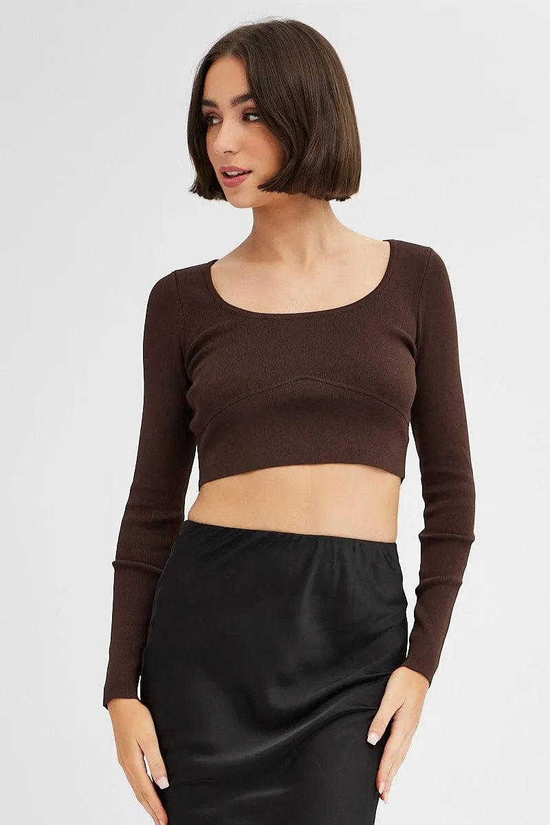 Brown Knit Top Long Sleeve Crop sold by Ally Fashion product image thumbnail 3