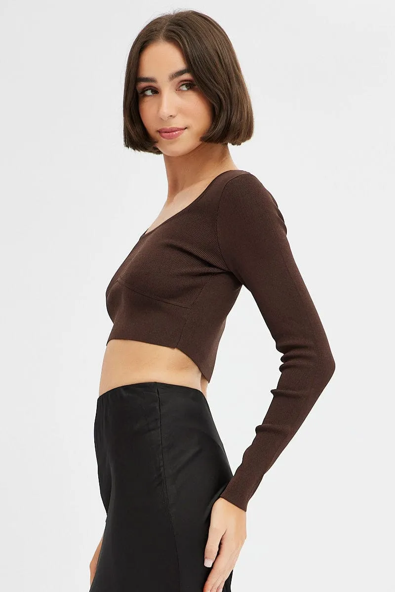 Brown Knit Top Long Sleeve Crop sold by Ally Fashion product image thumbnail 4