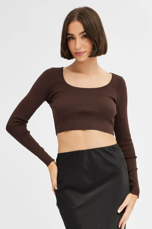 Brown Knit Top Long Sleeve Crop sold by Ally Fashion