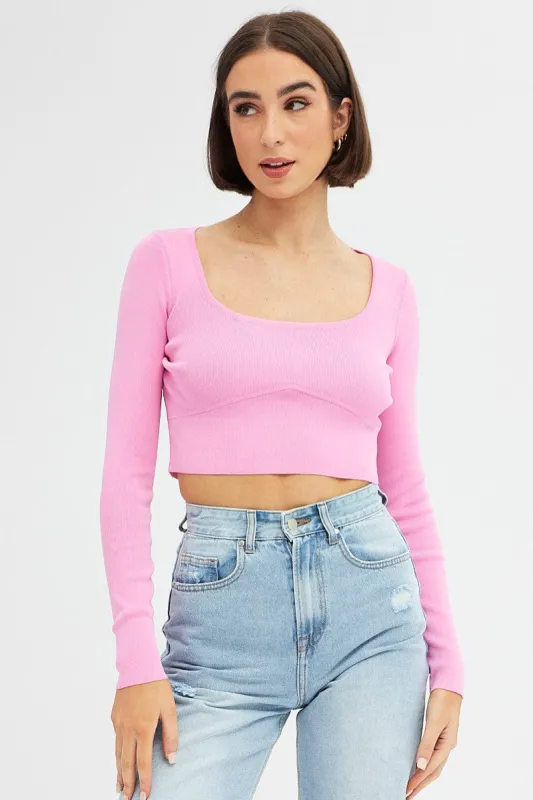 Pink Knit Top Long Sleeve Crop sold by Ally Fashion