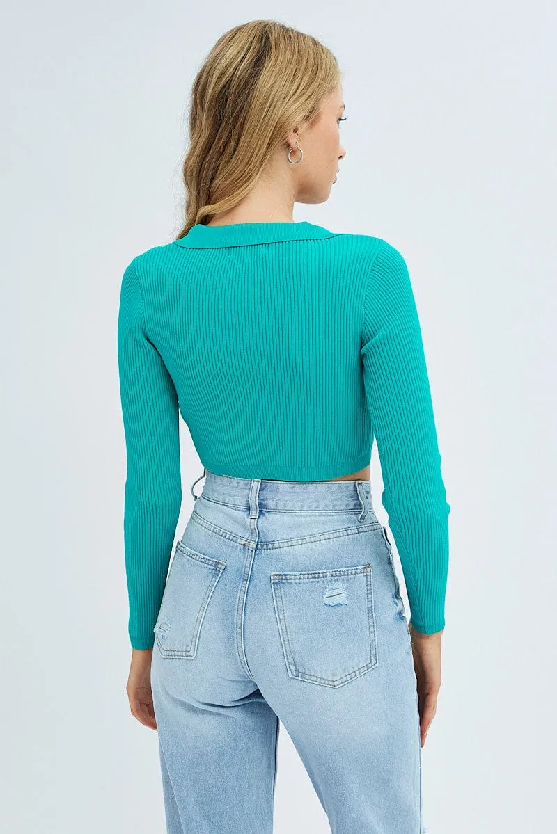 Green Knit Top Long Sleeve Crop Collared sold by Ally Fashion product image thumbnail 5