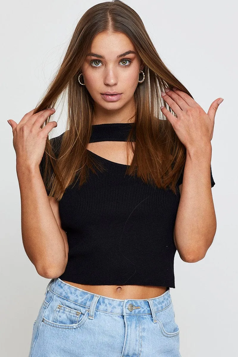 Black Knit Top Short Sleeve Cut Out sold by Ally Fashion