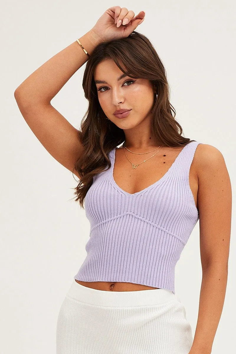 Purple Knit Top Sleeveless Crop V-Neck sold by Ally Fashion