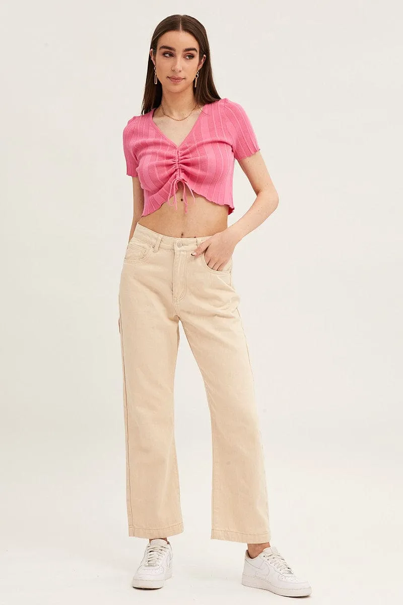 Pink Short Sleeve Ruched Knit Top sold by Ally Fashion product image thumbnail 2
