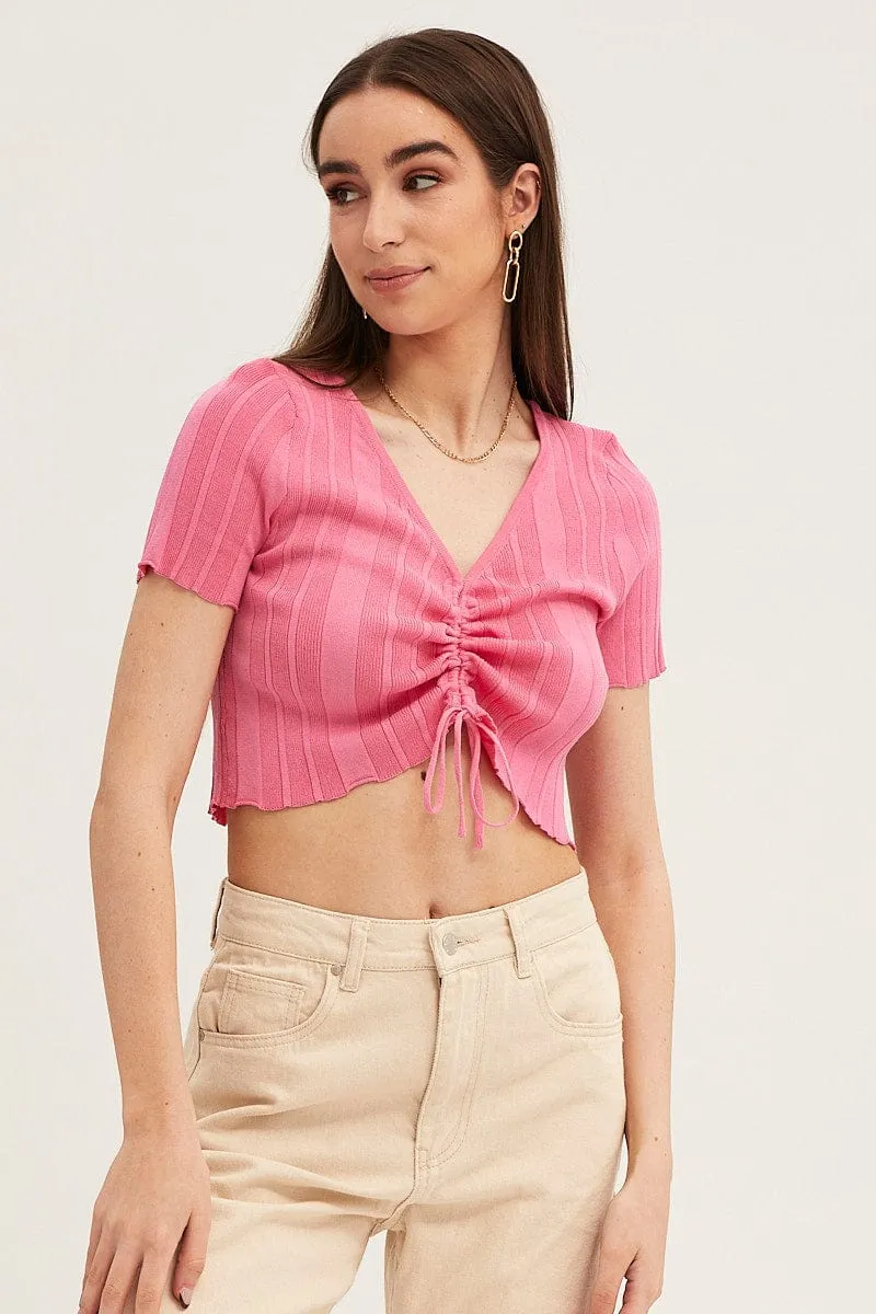 Pink Short Sleeve Ruched Knit Top sold by Ally Fashion product image thumbnail 3