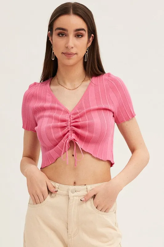 Pink Short Sleeve Ruched Knit Top sold by Ally Fashion