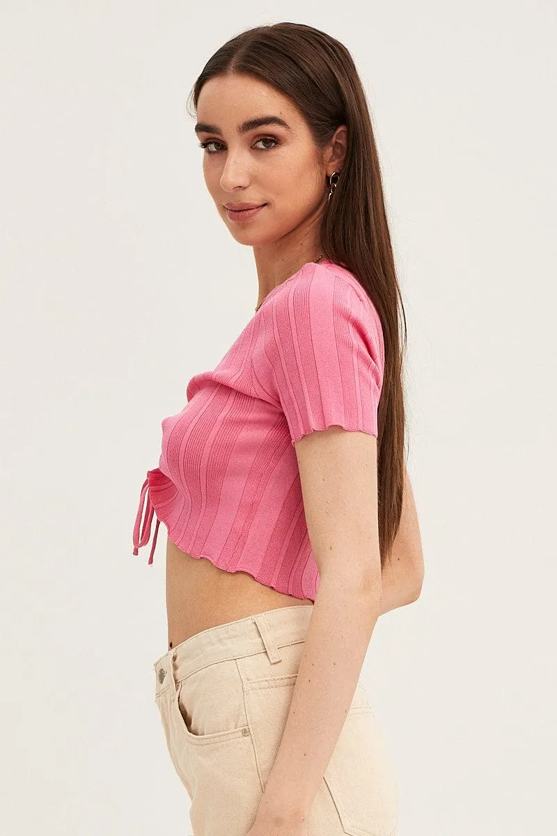 Pink Short Sleeve Ruched Knit Top sold by Ally Fashion product image thumbnail 4
