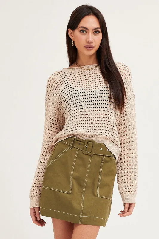 Beige Knit Top Long Sleeve Round Neck Crochet sold by Ally Fashion