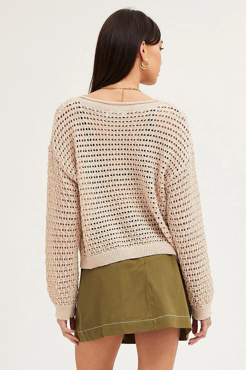 Beige Knit Top Long Sleeve Round Neck Crochet sold by Ally Fashion product image thumbnail 5