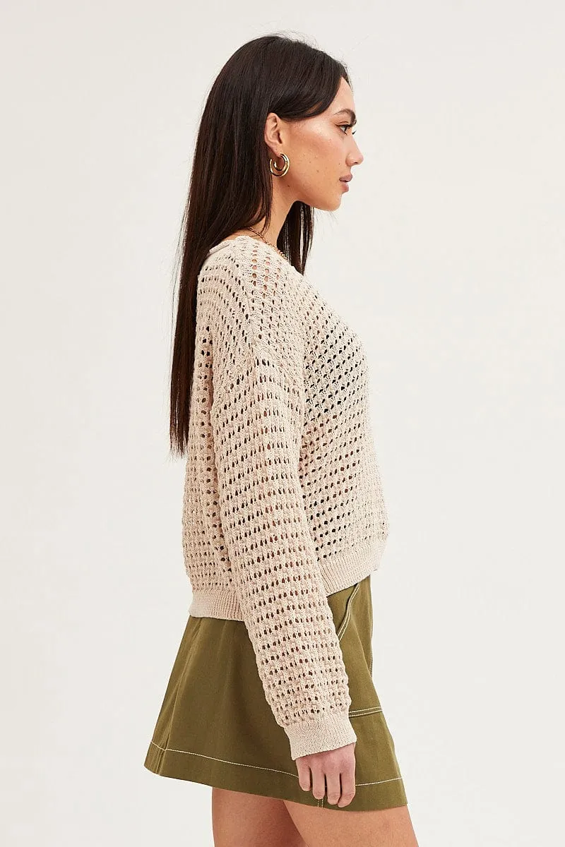 Beige Knit Top Long Sleeve Round Neck Crochet sold by Ally Fashion product image thumbnail 4