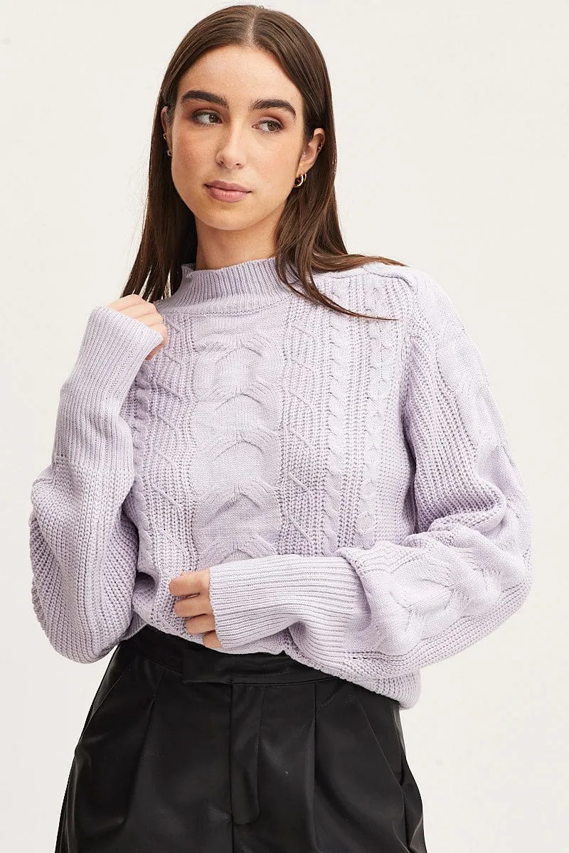 Purple Knit Top Long Sleeve Relaxed Turtleneck Cable sold by Ally Fashion